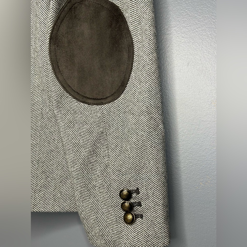 LOFT Blazer Womens 10 Gray Equestrian Herringbone Elbow Patch Crest Buttons Work - Picture 13 of 16